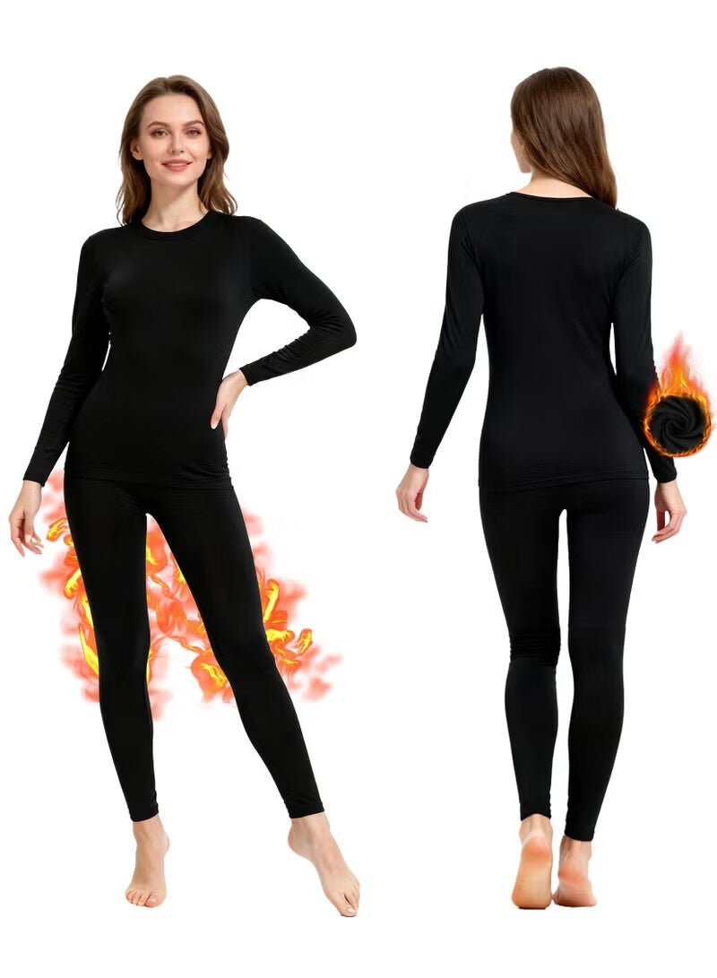 أجريون ملابس داخلية حرارية للنساء مجموعة بيجامة طبقة قاعدة مبطنة بالصوف الطقس البارد (أسود) - Image 1